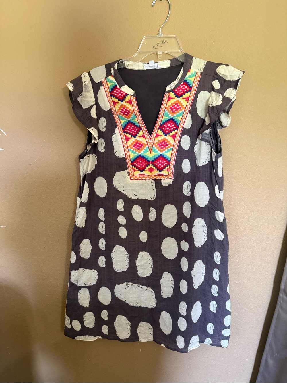 THML gray Shift Dress with White Polka Print & Multicolor Embroidered V-Neck